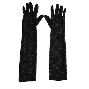 Elegant 40cm long black lace gloves for women featuring floral mesh sun protection
