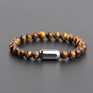 8mm yellow tiger eye beaded bracelet with magnetic stainless steel clasp on grey background