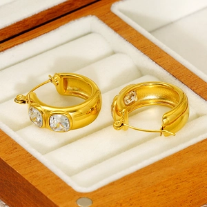 Modern 18K gold-plated stainless steel hoop earrings featuring square-cut zircon stones