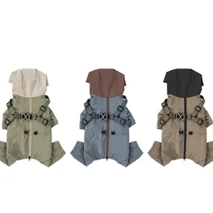Waterproof outdoor dog raincoat with harness D-ring in green, blue, and khaki colors