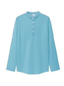Detail of sky blue waffle knit long sleeve polo shirt with four-button neckline and roll-up sleeves
