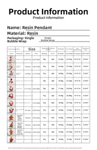 Detailed size chart for resin Christmas ornaments showing dimensions and weights of various icons