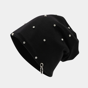 Black street style beanie with silver metal rings and rivet studs for a hip-hop look