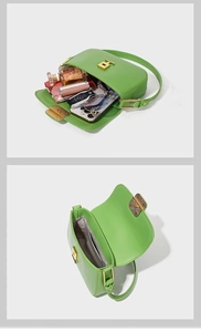 Interior view of green crossbody bag showing storage capacity for daily essentials