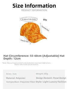 Size chart for digital print baseball cap with adjustable strap and detailed measurements