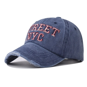 Distressed navy blue cotton baseball cap with red Street NYC embroidery and frayed brim