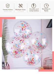 Detail of 12-inch clear balloons with colorful round confetti for party decoration