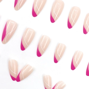 Almond almond press-on nails with rose red French tips and white wave line designs