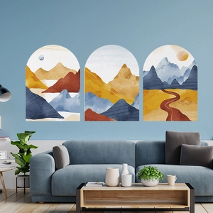 Autocollants Muraux Paysage Abstrait PVC Arqué Boho Soleil Montagne Décalcomanies Amovibles Salon Chambre Déco Maison
