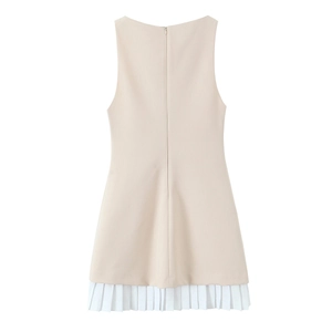 Robe trapèze sans manches beige et blanche avec ourlet plissé et fermeture éclair