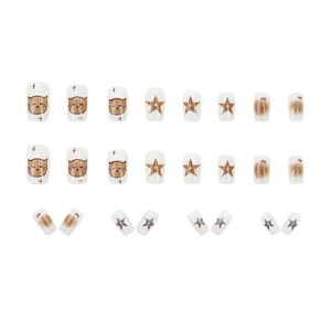 24pcs square oval press-on nails with white cream base and cute brown cat star designs