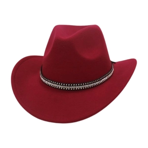 Detailed view of wine red cowboy hat with rhinestone-embellished band and felt texture