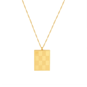 Vintage checkered square pendant necklace in 18k gold plated stainless steel