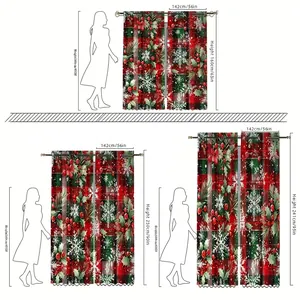 Christmas plaid velvet curtain size guide with red green holly and snowflake patterns