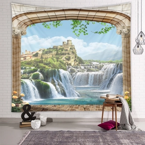 Detail showing 3D arched window tapestry with scenic European castle and waterfall
