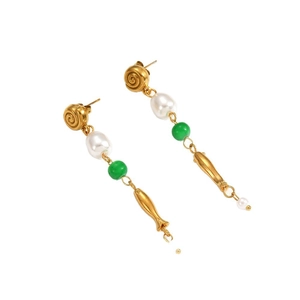 18k gold plated stainless steel drop earrings with snail, pearl and small fish charms