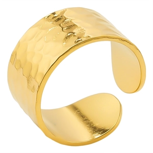 Minimalist wide gold hammered stainless steel open ring with adjustable texture design