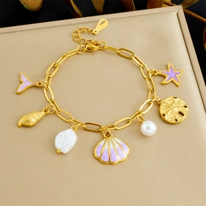 Ocean Theme Charm Bracelet Stainless Steel Purple Enamel Starfish Shell Fish Tail Faux Artificial Pearl Adjustable Nautical Jewelry