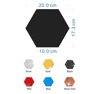 Detailed size guide and 6-color options for hexagonal acrylic mirror wall stickers