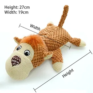 Detail view of plush monkey pet toy with dimensions 27cm height and 19cm width