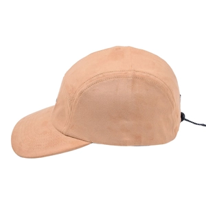 Detail of 5-panel camel suede cap with black adjustable elastic drawstring toggle back