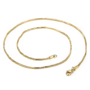 Polished gold titanium steel snake bone chain necklace with spring clasp on white background
