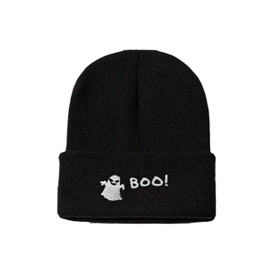 Casual black knit beanie with white ghost embroidery and BOO! text for autumn style