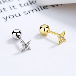 Asymmetric 925 silver star earrings with zircons and secure screw ball backs