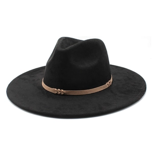 Classic black wide brim fedora hat with a brown leather decorative band and buckle detail