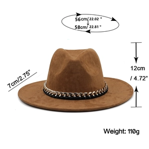 Brown suede cowboy fedora with acrylic chain and detailed size measurements display