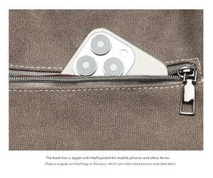 Detail of canvas tote bag back anti-theft zipper pocket holding a smartphone