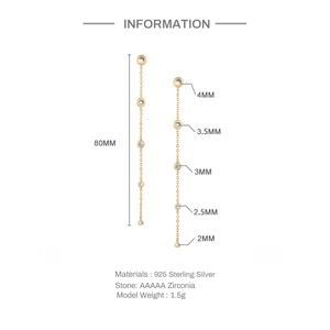 Technical detail of S925 sterling silver drop earrings with 80mm zirconia tassels
