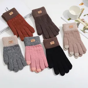 Knitted Touchscreen Gloves Winter Warm Thermal Fleece Lined Windproof Color Block Fashionable Women Men Outdoor Riding