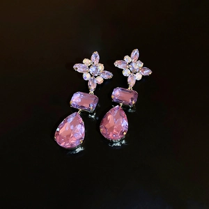 Vintage Purple Flower Teardrop Dangle Earrings Copper Rhinestone Crystal 925 Sterling Silver Earring Post Elegant Women