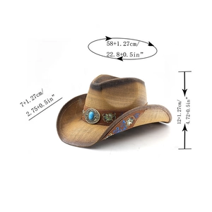 Vue détaillée du chapeau de cowboy en paille tressée avec turquoise et broderie