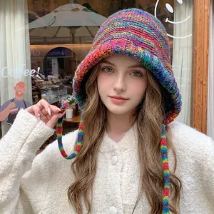 Women Winter Rainbow Striped Knitted Beanie Hat Warm Ear Protection Crochet Bonnet With Drawstring Contrast Color Fashion Cap