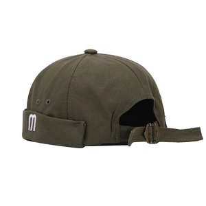 Army green canvas docker hat with M embroidery and adjustable metal strap back