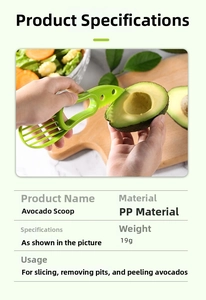 Detailed view of 3-in-1 PP avocado tool showing peeling, pitting and slicing functions
