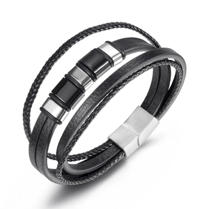 Men Multi-layer Braided Leather Bracelet With Titanium Steel Beads Geometric Magnetic Clasp Classic Trendy Jewelry