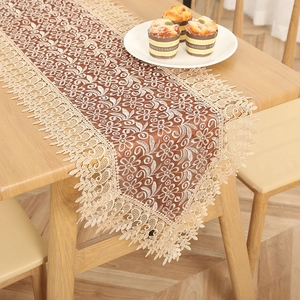 French lace table runner brown floral embroidered long dining table cover for home decor