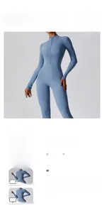Detail of light blue yoga bodysuit with zipper closure and model measurement data