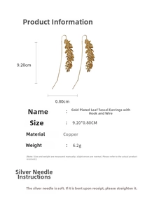Detailed view of gold leaf tassel earrings with size measurements in centimeters