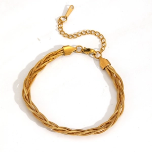 Golden woven five-strand snake chain bracelet in stainless steel with adjustable lobster clasp