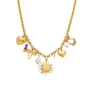 18k gold plated stainless steel sun and shell charm necklace with colorful beads