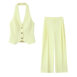 Womens Halter Top And Wide Leg Pants Polyester Suit Fabric High Waisted Solid Color Streetwear Casual Elegant