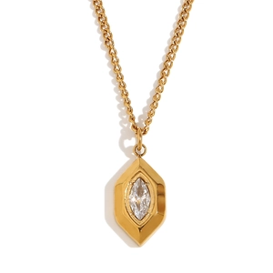 18K gold plated stainless steel necklace with marquise white diamond pendant on white background