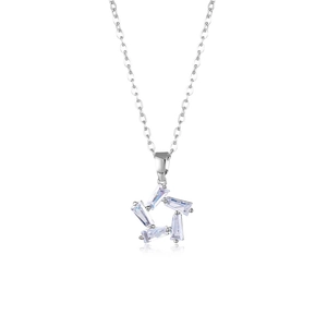 Silver stainless steel star necklace with rectangular cubic zirconia stones for women