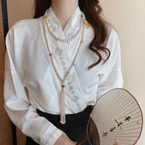 New Chinese Style Multi Layer Faux Artificial Pearl Necklace With Gold Plated Lotus Pendant And Pink Crystal Tassel Body Chain