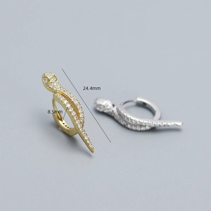 Serpent earrings in gold and silver finish with pavé cubic zirconia and size specs