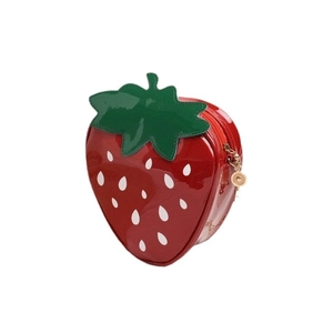 Cute strawberry shaped patent leather crossbody bag with green leaves and metal chain